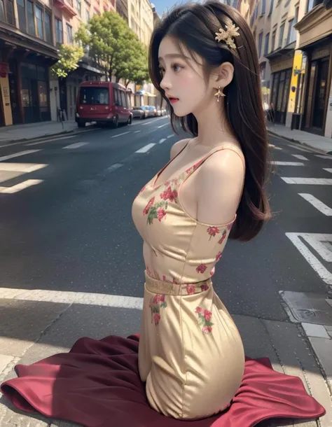 a woman sitting on a red blanket in a city street