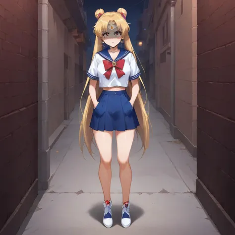 anime girl in a short skirt and a cat mask standing in a narrow alley