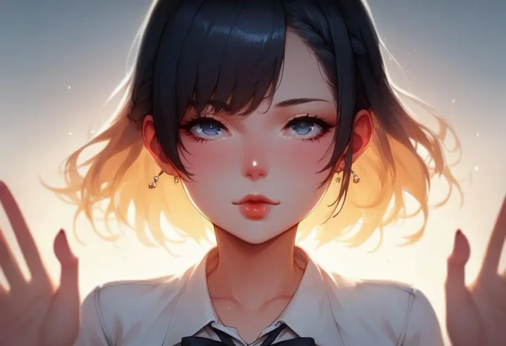 anime girl with black hair and blue eyes and a bow tie