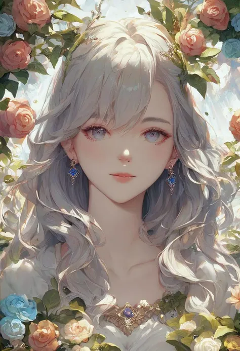 a girl with long hair and blue eyes surrounded by flowers