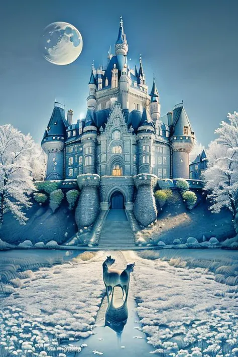 wide shot of a castle in a detailed magical landscape with a moon in the back, masterpiece, intricate details, raw photo, best quality  <lora:SwedishDesserts:1> (RiceAlaMalta:1.3)