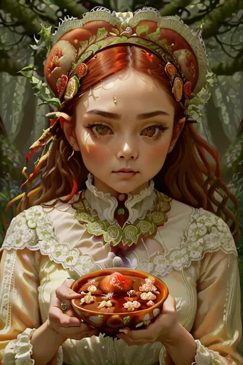 woman in a mythical forest, masterpiece, perfect face, intricate details, horror theme <lora:SwedishDesserts:1> (RosehipSoup:1.4)