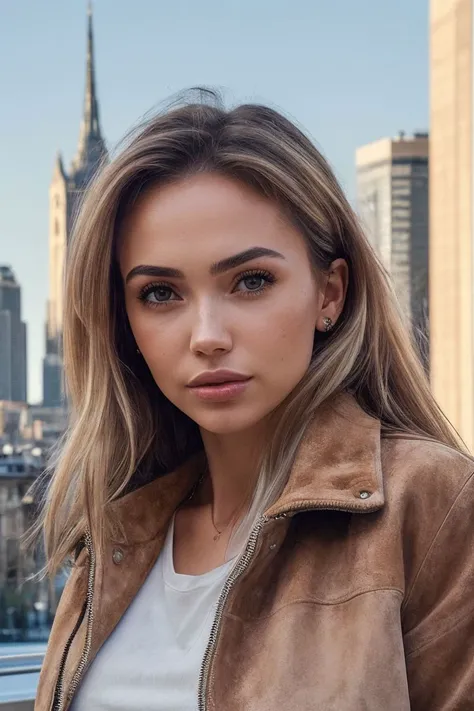 headshot of S227_PolinaKalashnikova,a gorgeous woman,in a (city:1.1),wearing a (suede-jacket:1.1),(cityscape:1.1),(8k, RAW photo, best quality, depth of field, ultra high res:1.1),(absurdres, intricate, photorealistic, masterpiece, ultra-detailed:1.2),