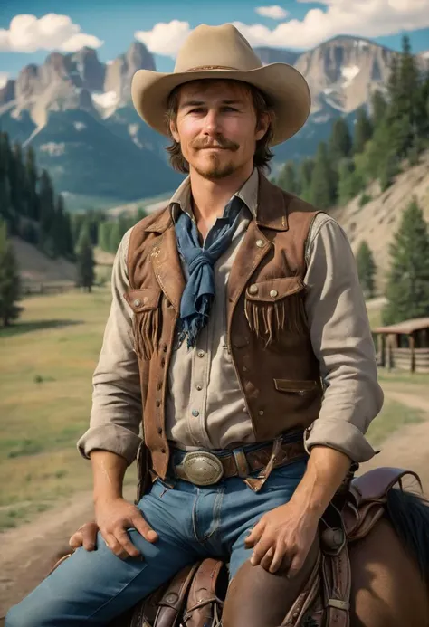 arafed man in cowboy outfit sitting on a horse in a field