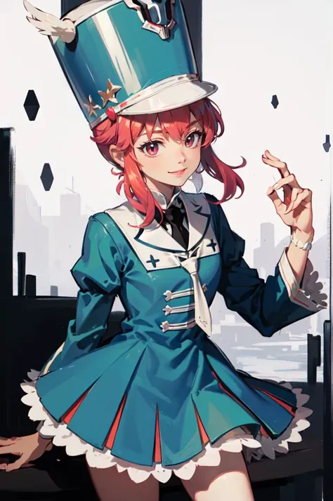 anime girl in a blue dress and a hat with a bird on it