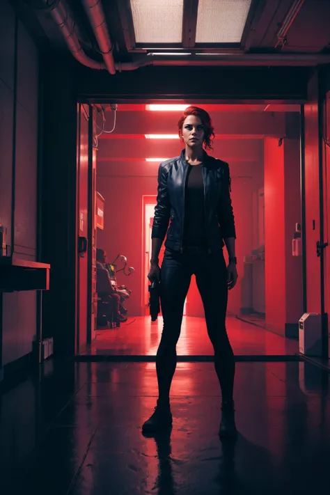 a woman in a black jacket standing in a hallway