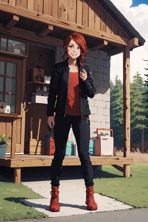 (masterpiece,best quality:1.2),full body,jesseC_soul3142,solo,1girl, red hair, jacket, pants,black clothes,standing,facing viewer,smiling,(stroking own chin:1.3),in front of log cabin,outdoors, <lora:jesse_faden:0.65>