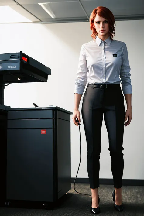 <lora:jesse_faden-10:0.6>, jesseC_soul3142, black pants, red hair, shirt, white shirt, short hair
beautiful, masterpiece, best quality, office, ((copy machine)), sad