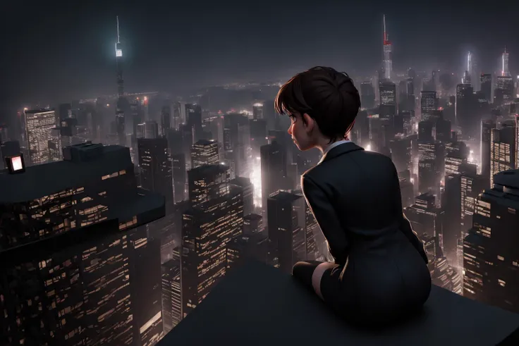 <lora:Neo_Noir_Style_sd1.5:1> neo noir, a girl in a school uniform, viewed from behind, sitting on top of a building overlooking a city at night