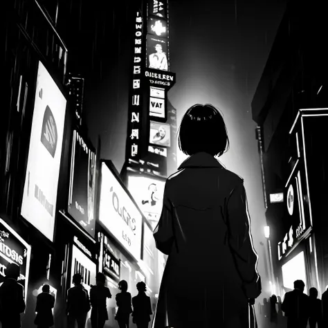 <lora:Neo_Noir_Style_sd1.5:1> neo noir, black and white photograph, a woman in a raincoat viewed from behind standing in Times Square at night