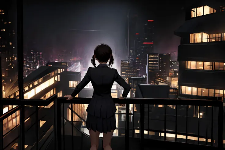 <lora:Neo_Noir_Style_sd1.5:1> neo noir, a girl in a school uniform, viewed from behind, standing overlooking a city at night