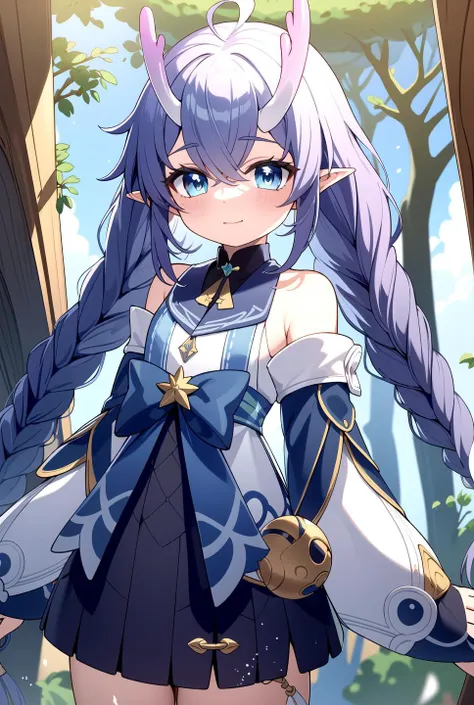 Park, magix, masterpiece, best quality, Pointy ears, <lyco:bailu:0.8>, (Bailu:1.0), blue bow, Cute, Sleeves, twin braids, (horns:0.6), silver hair