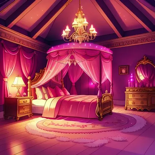 An image of a cozy bedroom in a fairy tale princess castle with plush pillows and luxurious beddings in pink tones adorned with glittering crystals and warm ambient light streaming from candles.

in the style of gravityfalls, <lora:gravityFallsStyle_v1:0.5...