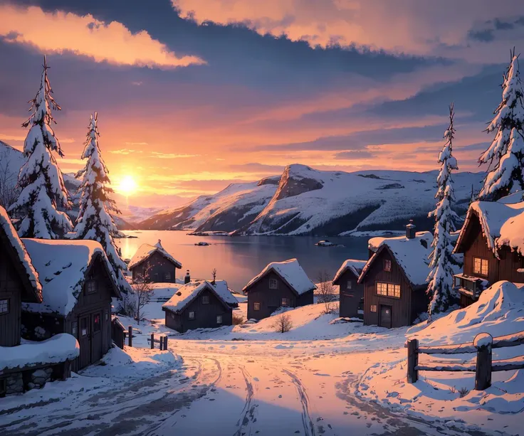 snowy village with a lake and mountains in the background