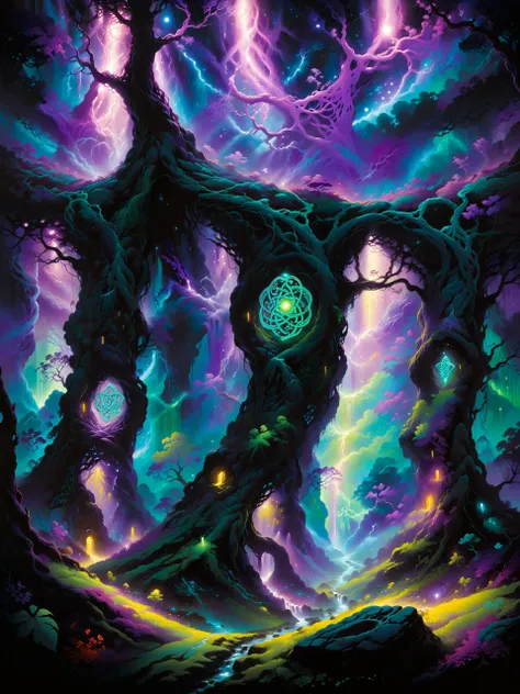 a painting of a tree with a glowing orb in the middle