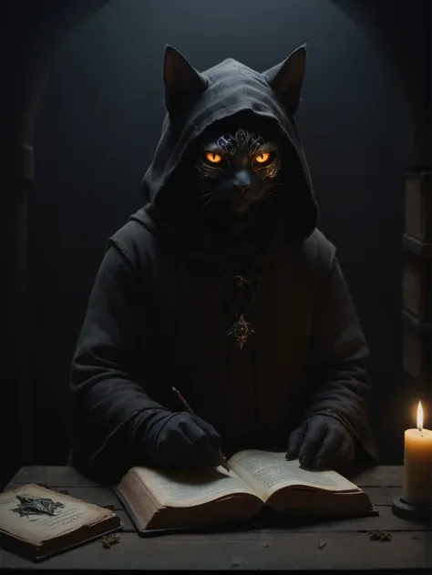 a black cat in a hoodie sitting at a table with a book and candle