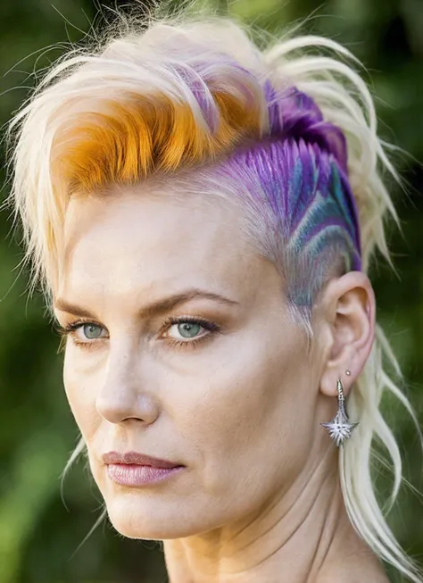 portrait of sks woman by Flora Borsi, style by Flora Borsi, bold, bright colours, rainbow Mohawk haircut, ((Flora Borsi)), <lora:locon_darylhannah_v1_from_v1_64_32:1.25>