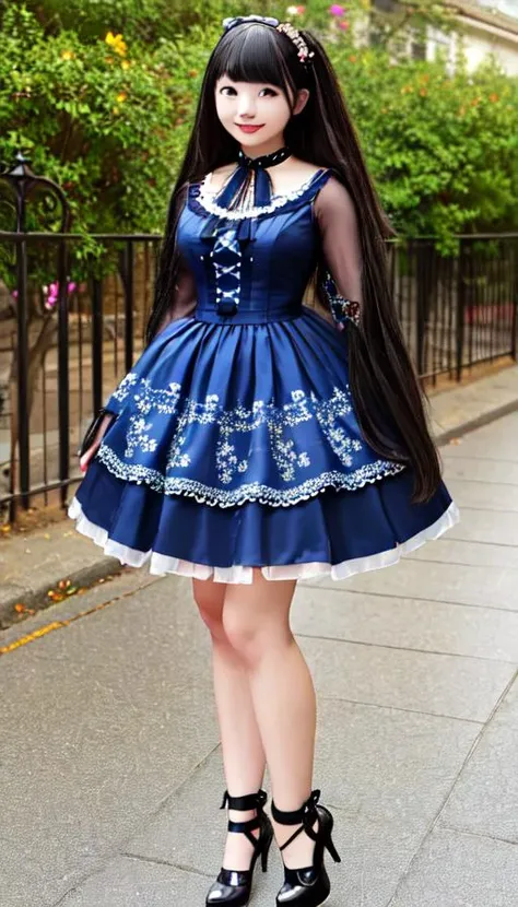 1girl, lo sweet:1.64, smile, looking at viewer, in doors, spring,dark blue dress, gothic dress, red eyes, glowing eyes,  long hair, black thighhighs, high heels, (recoco:1.24), frilled dress,  detailed face, petals, flower patterned dress,  choker, 
forge ...