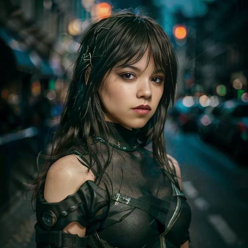 a close up of a woman in a black outfit on a city street