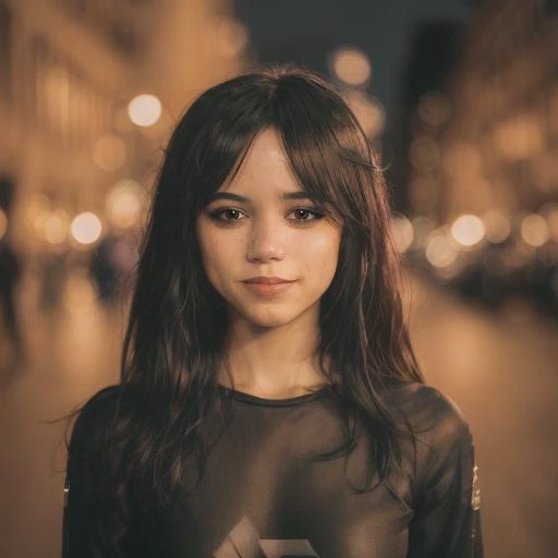 a woman standing on a street at night with a city street in the background