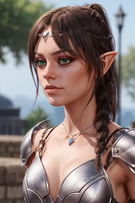 (( jennao)),1girl, long hair, braided ponytail, braid, green eyes, elf, pointy ears, armor, 3d render, realistic, blurry background, shadowheart, black hair, circlet, medium breasts, low neckline, upper body, masterpiece, best quality, 
<lora:Jenna Ortega:...