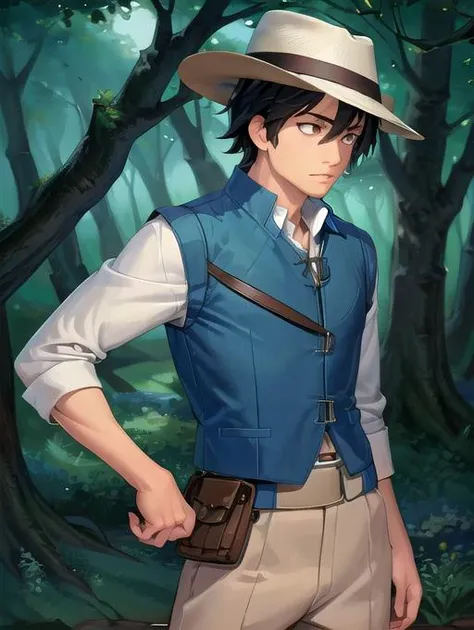 a man in a hat and vest standing in a forest