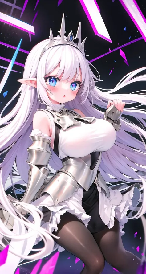 (eye focus, face, close-up:0.4), blush, 1girl, solo, bangs, white hair, (huge breasts:1.2), curvy, pointy ears, elf, (armored:1.2)_dress, (gauntlets, faulds, pauldrons), tiara, underbust, legs , dutch angle, from side, foreshortening , (cleavage, collarbon...