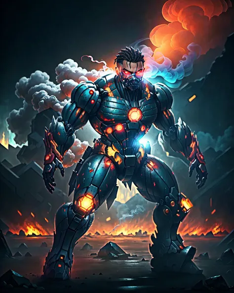 surrounded by smoke, scattered stone,(1female, glowing red_eyes:1.1),  (full body, dynamic action pose:1.1), many scratches on the body, mechine_arm is broken, shinny metal texture,  (rusty matte armor, cyan neon lights ),(detailed apocalyptic cyberpunk la...