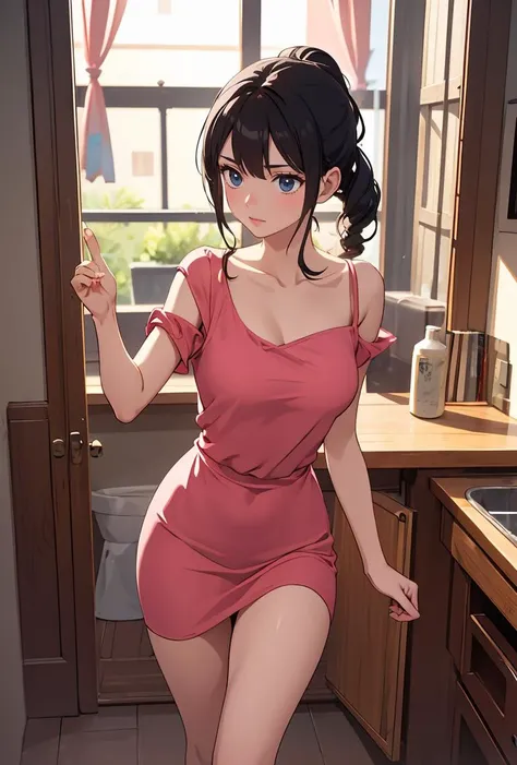 anime girl in a pink dress posing in a kitchen