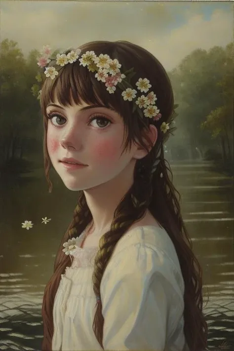 <lora:lostgirls:1>, lostgirls, a painting of a  teenage girl with flowers in her hair, water