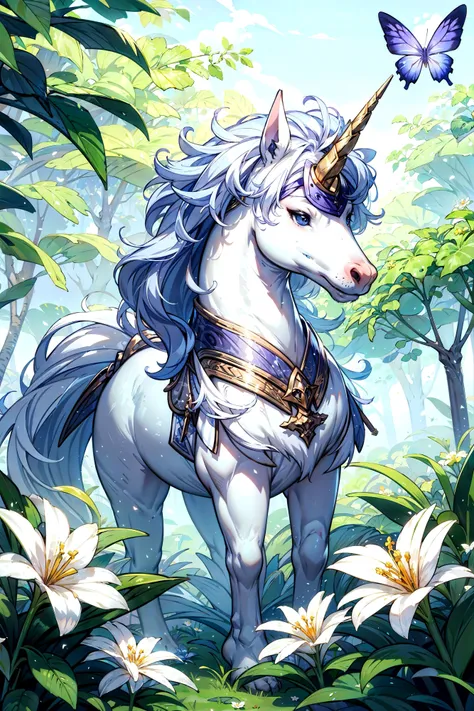 (Masterpiece:1.3), (best quality:1.2), purple unicorn, fantasy, forest, butterflies, flowers, <lora:Unicorns_Sophorium:0.9>