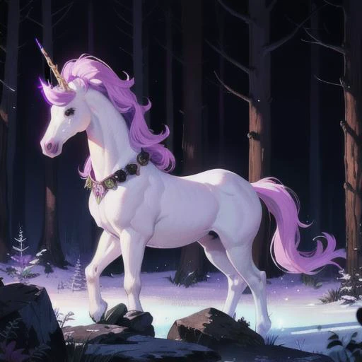 unicorn, <lora:unicorn-50:1>, with black and purple fur, best quality, high quality, highres, forest