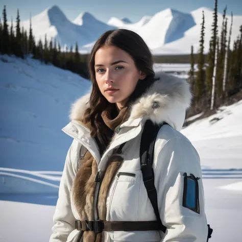 arafed woman in a white jacket and fur coat standing in the snow