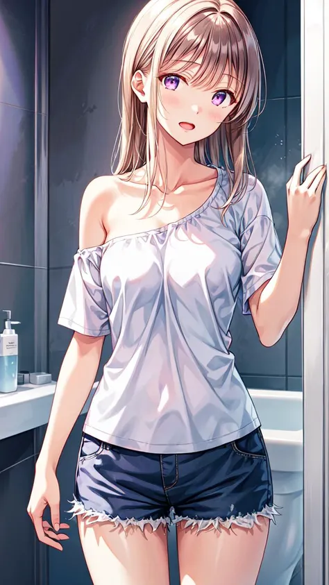 anime girl in a short skirt standing in a bathroom