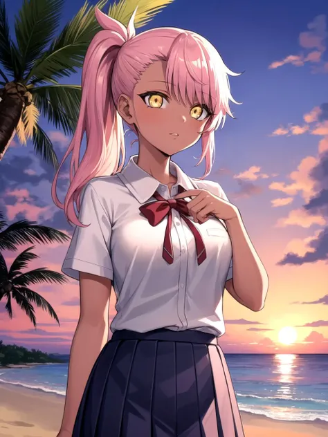 masterpiece, best quality, 1girl, solo, dschloe, pink hair, side ponytail, yellow eyes, dark-skinned female, homurahara academy school uniform, white collared shirt, red ribbon, pleated skirt, school uniform, beach, tropical, palm trees, sunrise, clear, tr...