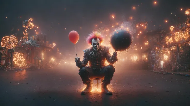 gaunt man crouching, (skull as head:1.2), torn clown costume, (holding sparkler:1.5), (rainbow colored clown hair:1.5), (glowing red eyes), evil grin, looking at viewer, (in amusement park:1.5), (balloons:1.5), popcorn stand, dramatic lighting, smoky, from...