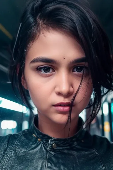 a close up of a woman in a leather jacket looking at the camera