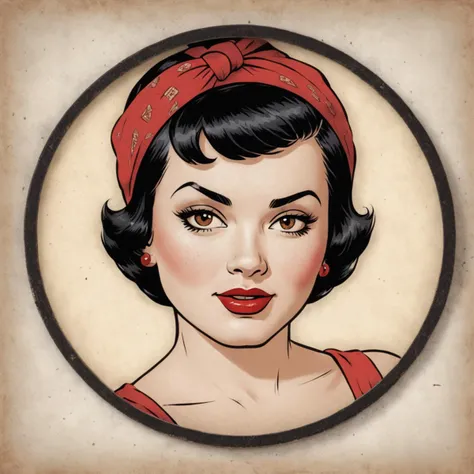 intrincate detailed cartoon in the style of matchbox art, safety matches, close-up of vintage pin-up woman with short black hair, red bandana, framed in a red circle, gritty texture, print displacement, halftone, worn out, engraved  <lora:Cartoon_SDXL_V2:1...