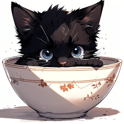 there is a black cat sitting in a bowl with a flower pattern