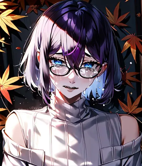 au (d elete, 1boy, solo, male focus, purple hair, messy hair, bob cut, hair between eyes, blue eyes, glasses, courtyard, autumn leaves, grey sweater, off shoulder, <lora:au_d_elete_offset:1>,   teary,tear,sad,sorrow,crying,open mouth, <lora:teary:1>