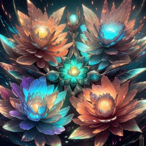 four colorful flowers with glowing petals in a dark background