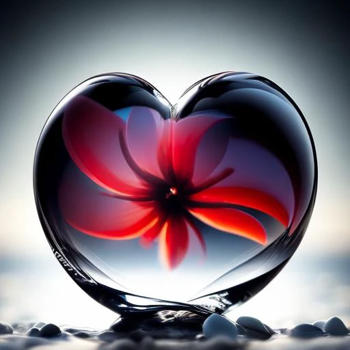 a close up of a heart shaped glass object on a rock