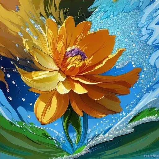 painting of a yellow flower with water splashes on it