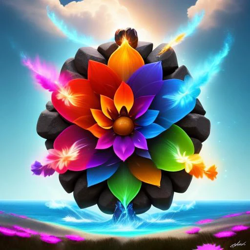 a colorful flower with a sky background and a rainbow colored flower