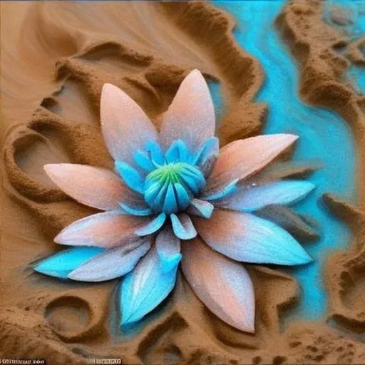 a close up of a flower on a sand surface with water