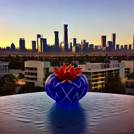 arafed view of a city skyline with a blue vase with a red flower