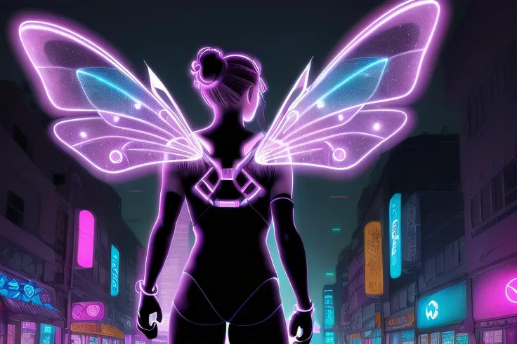 high quality, highly detailed, cyberpunk fairy ((silhouette)), Tron inspired, bright neon light moth wings, beautiful silhouette, black light impressions on a dark background, dark alley of a giant city, wings, on the back <lora:back_wings_locon-light:1.0>