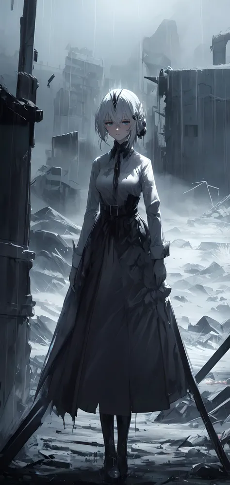 <lora:Liv:0.8>, white  hair, dark eyes, full body, mechanical staff, <lora:Gloomifier_V2_TheGlow:2>, ruin town with rain background with red colors, many details, hands holding the dress, looking at viever, torn clothes, best detalisation face, (petroleum ...