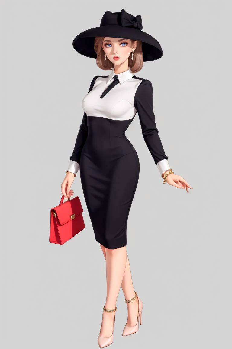 best quality, highres, high detail, standing, hud_vintag, long sleeves, (black V neck pencil dress), white blouse, cuffs, earrings, bracelet, hat, high heels, <lora:hud_vintag:0.7>, full body, simple background