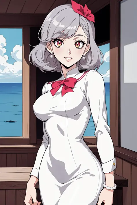 Monochrome anime artwork, adult beautiful woman high quality, best quality, highres, high detail , half-up half-down with curls, (pearl hair vine:1.2) [dark hair] , eyeliner, eyeshadow, makeup, (rouge) ,  standing, Nautical Coastal Hideaway, White-washed w...